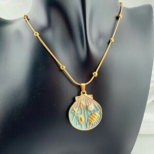Gold and Blue Shell Pendant Necklace